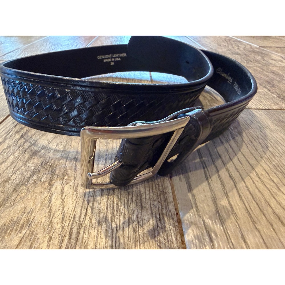 Chambers Leather Belt 36 Black Basketweave Embossed Silver Buckle Mens Western